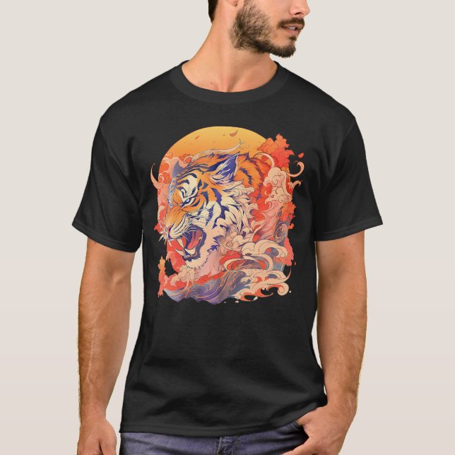 Asiatisk inspired japansk tiger för 80S T Shirt (Framsida)