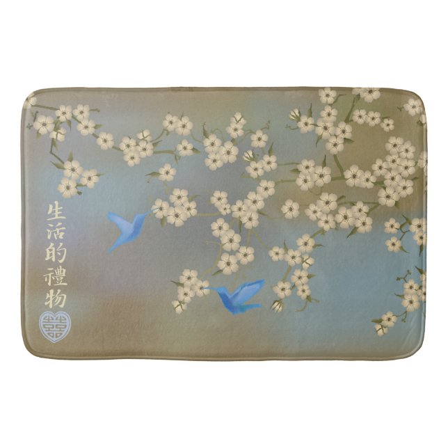 Asiatisk ivoriansk blommar (blåa fåglar) "Flytt" Badrumsmatta (Framsidan)