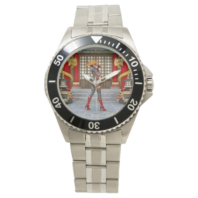 Asiatisk krigardotter-fantasi Samuraj-konstverk Armbandsur (Framsida)