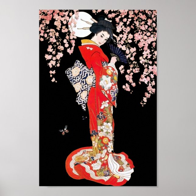 Asiatisk kvinna med Cherry Blommar Natt Poster (Framsidan)
