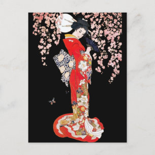 Asiatisk kvinna med Cherry Blommar Natt Vykort