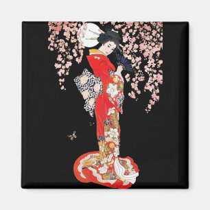 Asiatisk kvinna med körsbärsröd blommarnatt magnet