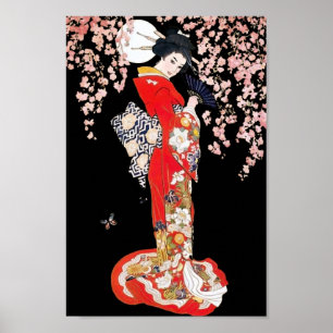 Asiatisk kvinna med körsbärsröd blommarnatt poster