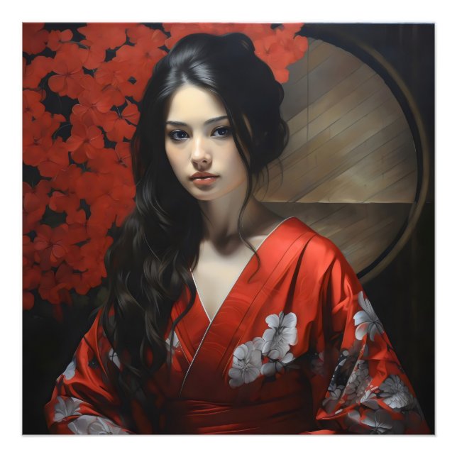 Asiatisk kvinna med röd kimono fototryck (Framsidan)