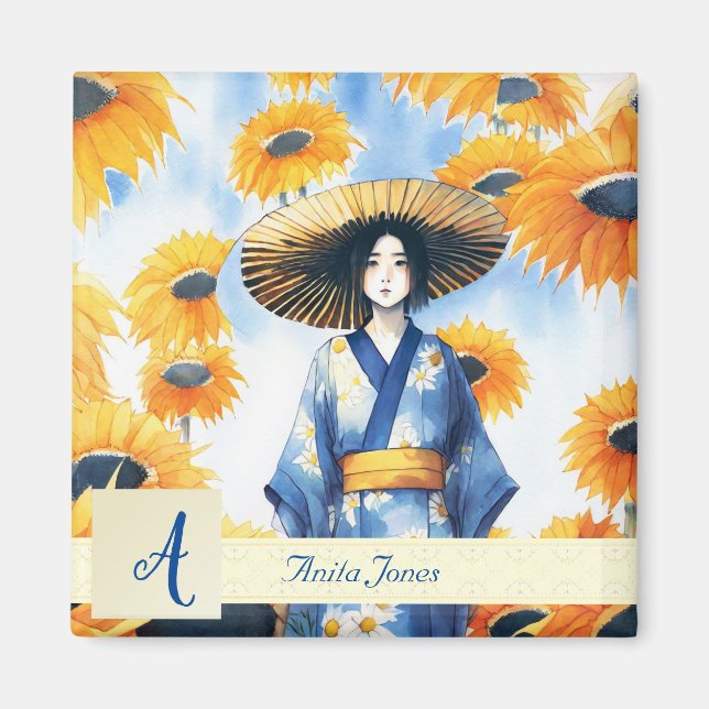 Asiatisk kvinna med solblommor magnet (Framsidan)