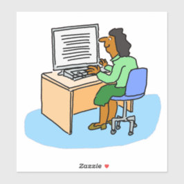 Asiatisk kvinna som arbetar på ett datormärke klistermärken