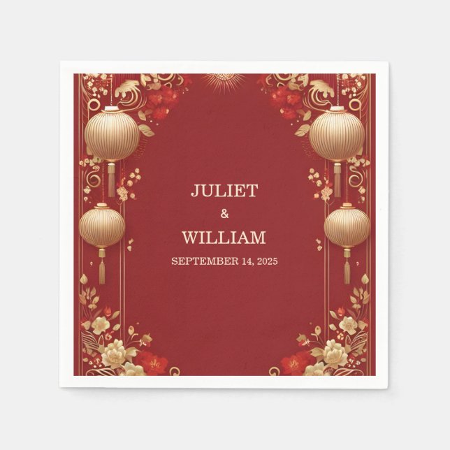 Asiatisk modern Blommigt kinesiska Bilingual Bröll Pappersservett (Framsidan)