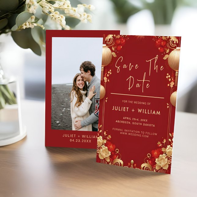 Asiatisk modern Blommigt kinesiska Bilingual Bröll Spara Datumet (Skapare uppladdad)