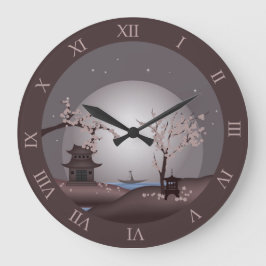 Asiatisk monlight rosa blommar pagoda digital art stor klocka