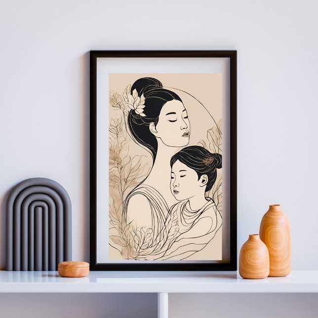 Asiatisk Mor & Dotter – Minimalistisk Boho Linje K Poster (Skapare uppladdad)