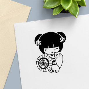 Asiatisk Paraplyflicka i Kimono Färg mig Självfärgande Stämpel