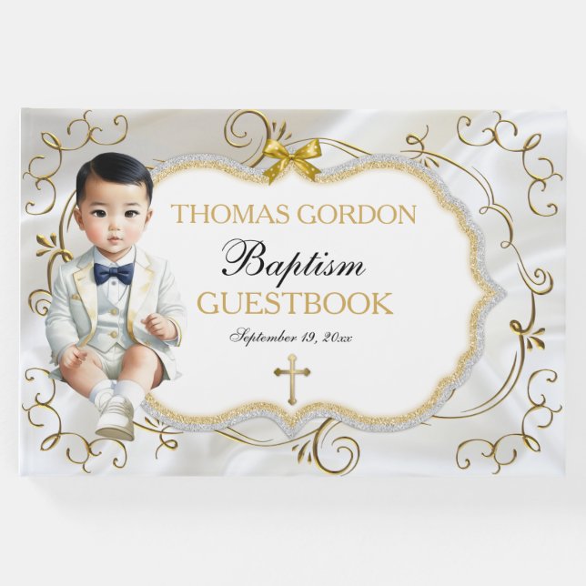 Asiatisk Pojke-baptism Christening White & Guld Gästböcker (Framsida)