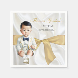 Asiatisk Pojke-baptism Christening White & Guld Pappersservett