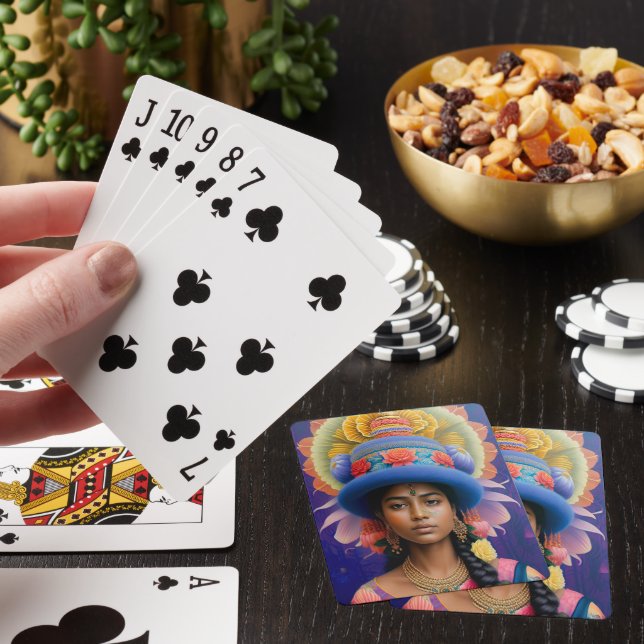 Asiatisk prinsessa med stor blå hatt casinokort (På plats)