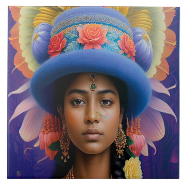 Asiatisk prinsessa med stor blå hatt kakelplatta (Framsidan)