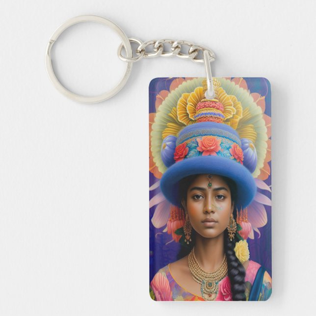 Asiatisk prinsessa med stor blå hatt nyckelring (Framsidan)
