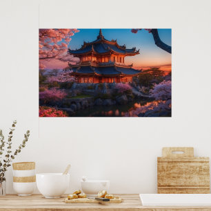 Asiatisk slott av Garden Sunset Poster
