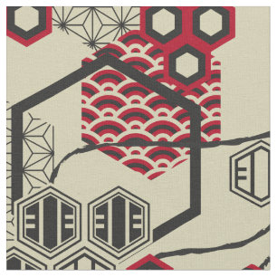 Asiatisk stil hexagonröd och svart mönster tyg