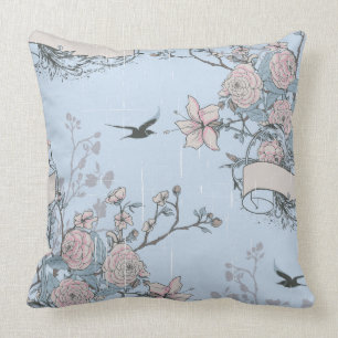Asiatisk Stil Pastel Rosa Lilies och Ro på Blue Kudde