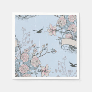 Asiatisk Stil Pastel Rosa Lilies och Ro på Blue Pappersservett