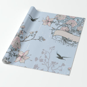 Asiatisk Stil Pastel Rosa Lilies och Ro på Blue Presentpapper