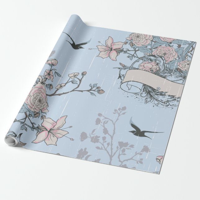 Asiatisk Stil Pastel Rosa Lilies och Ro på Blue Presentpapper (Utrullad)