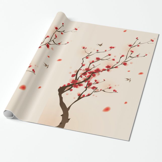 Asiatisk stilmålning, plommonblommar i vår presentpapper (Utrullad)