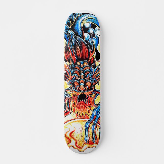 Asiatisk tatueringsblå drake och flammarens teckna mini skateboard bräda 18,5 cm (Framsida)