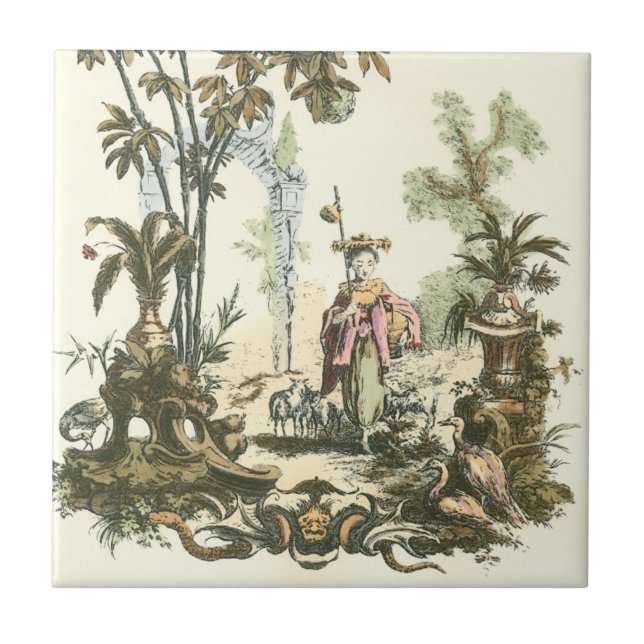 Asiatisk trädgård med kvinnor och djur kakelplatta (Framsidan)