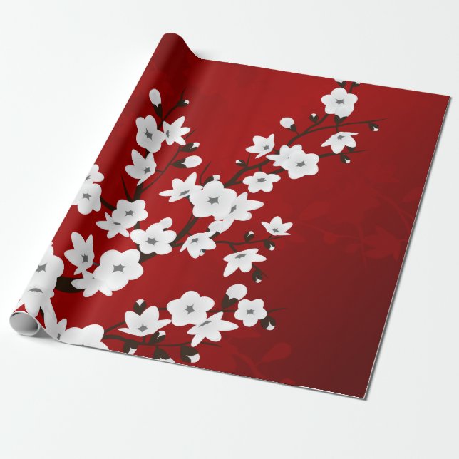 Asiatiska blommande röda vita körsbärsblommor presentpapper (Utrullad)