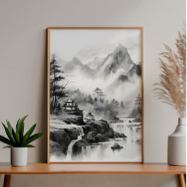 Asiatiska huset i bergen Bläck målning Fototryck
