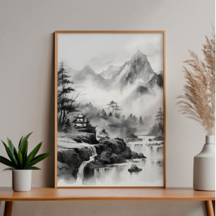 Asiatiska huset i bergen Bläck målning Fototryck