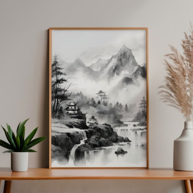 Asiatiska huset i bergen Bläck målning Fototryck (Skapare uppladdad)