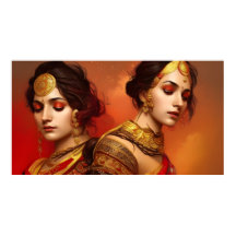 Asiatiska indiska kvinnor 2 färgade röda guldfärga