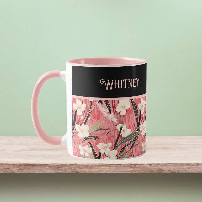 Asiatiskt blomstermönster rosa persika vitt chinoi mugg (Skapare uppladdad)