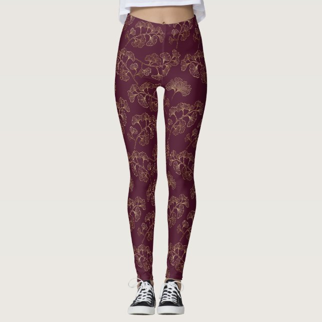 Asiatiskt guld botaniskt mönster leggings (Framsida)