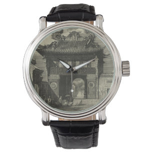 Asiatiskt imperialistiskt tempel i svartvitt armbandsur