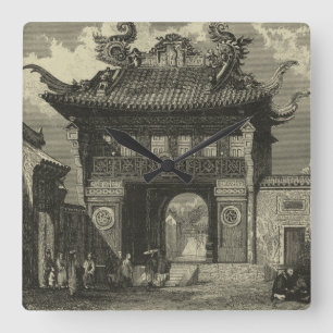 Asiatiskt imperialistiskt tempel i svartvitt fyrkantig klocka