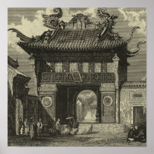 Asiatiskt imperialistiskt tempel i svartvitt poster
