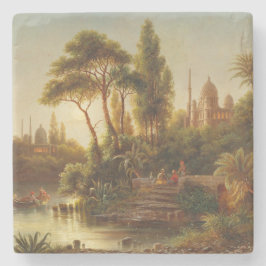 Asiatiskt landskap i kvällsljus (solnedgång) stenunderlägg