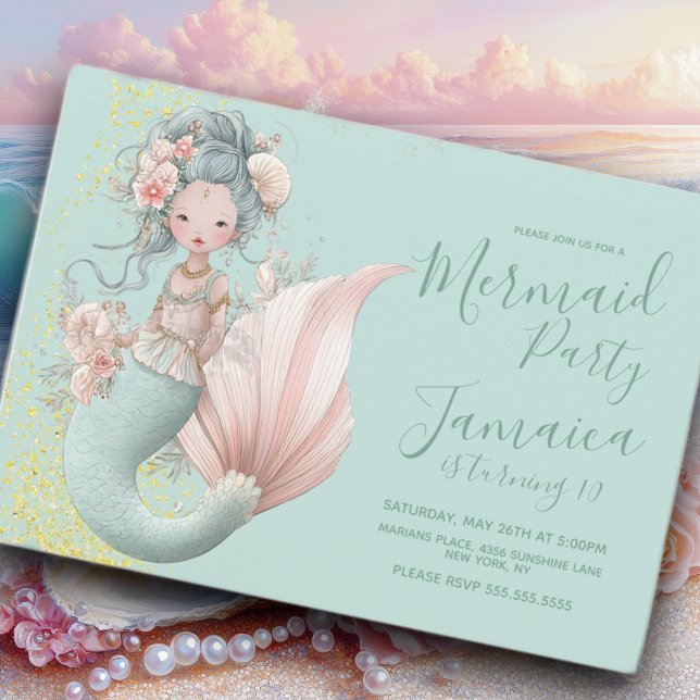 Asiatiskt Mermaid Strand Födelsedagsfest  Inbjudningar (Skapare uppladdad)