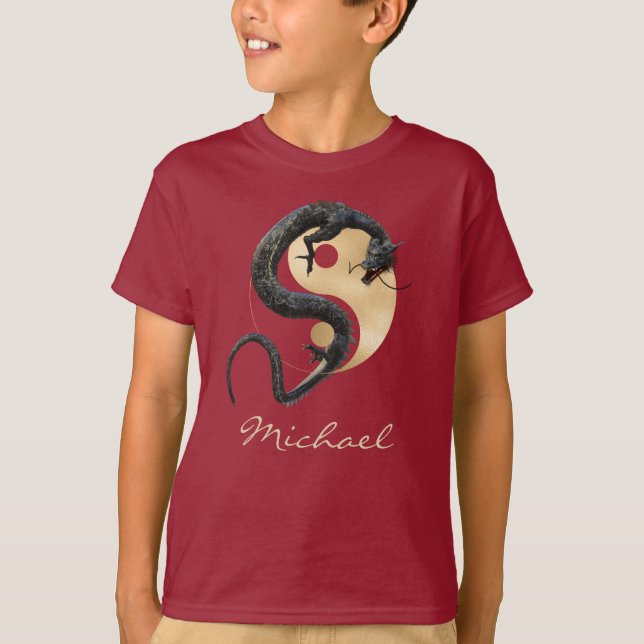 Asiatiskt Östra år för draken Guld Yin Yang T Shirt (Framsida)