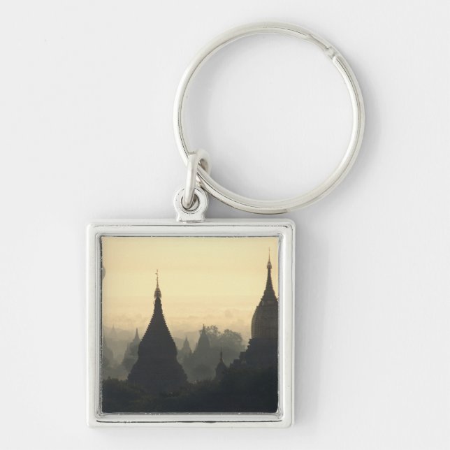 Asien, Burma, (Myanmar), Pagan (Bagan) Varm luft Fyrkantig Silverfärgad Nyckelring (Framsidan)