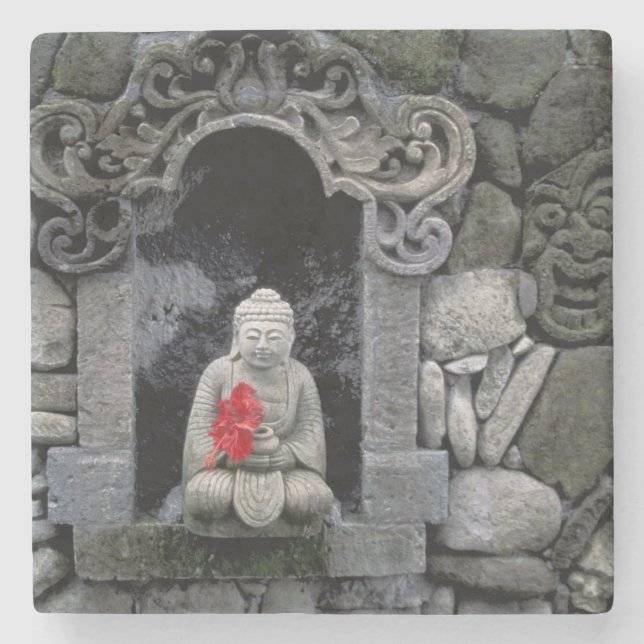 Asien, Indonesien, Bali. En buddhas helgedom Stenunderlägg (Framsidan)