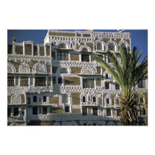 Asien, Jemen, Sana'a. Jemeniskt hus. Fototryck