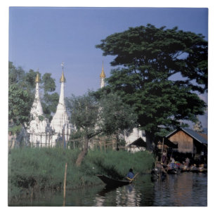 Asien, Myanmar, Inle Lake. En flytande marknad. Kakelplatta