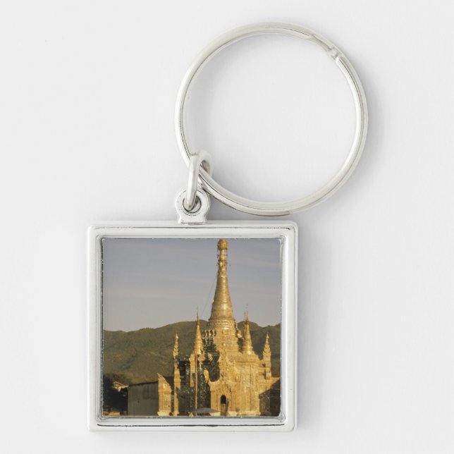 Asien, Myanmar, Inle Lake. Pagoder. Fyrkantig Silverfärgad Nyckelring (Framsidan)