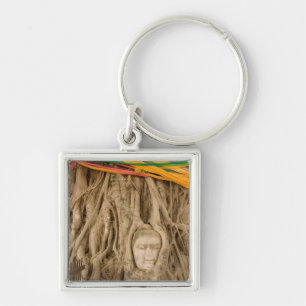 Asien, Thailand, Siam, Buddha i trädhjul vid Fyrkantig Silverfärgad Nyckelring