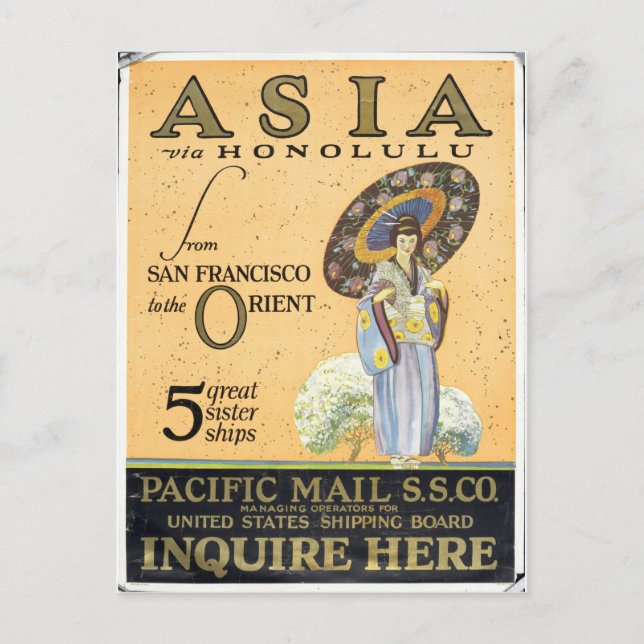 Asien via Honolulu från San Francisco till Vykort (Framsida)