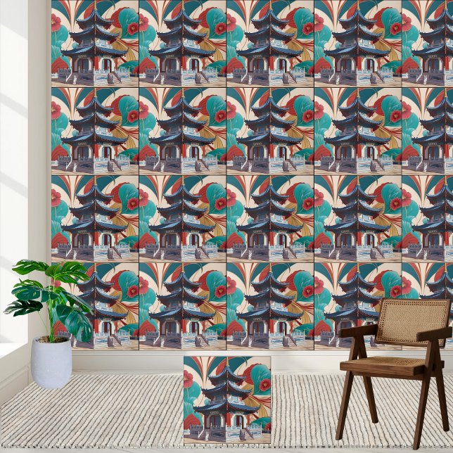 Asieninspirerad Blommigt Art Chinoiserie Pagoda Ti Kakelplatta (Asian-Inspired Floral Art Chinoiserie Pagoda Tile)
